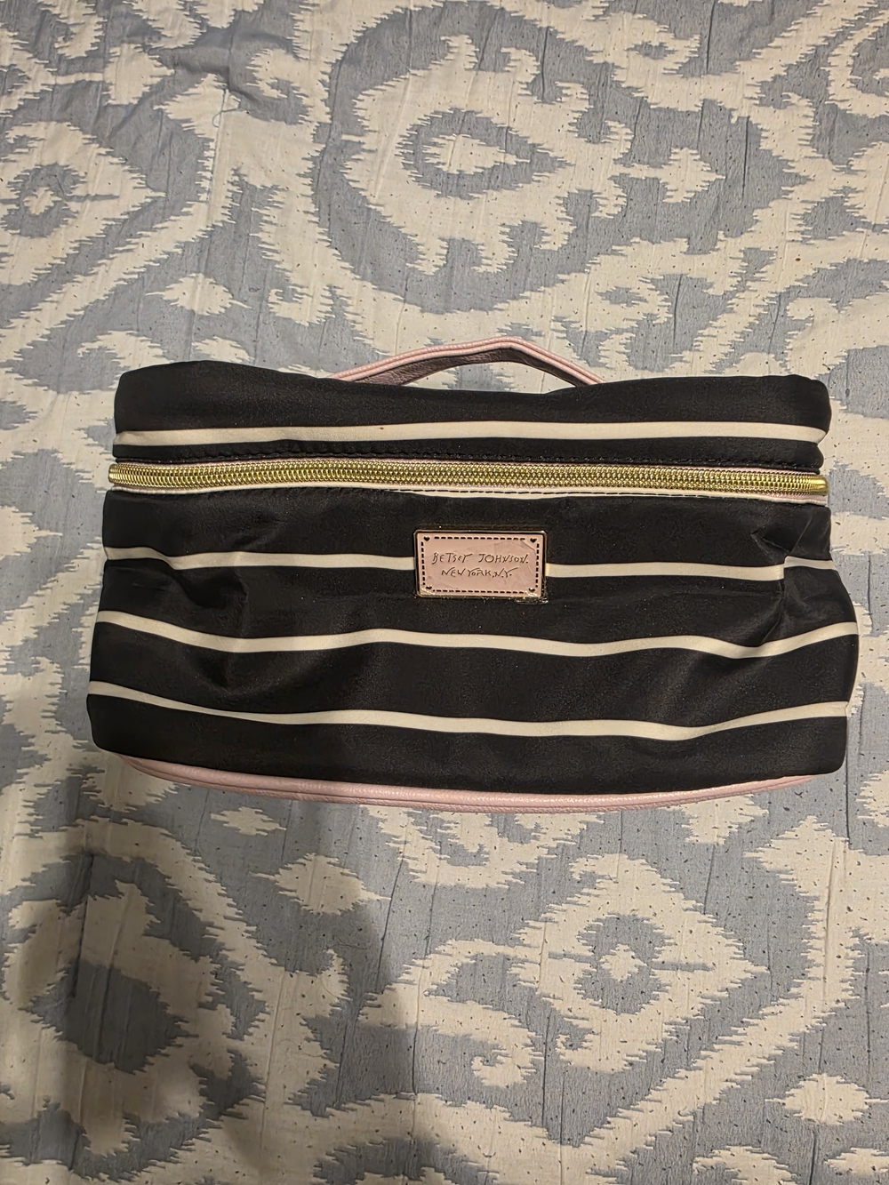 Betsey Johnson Black and White Striped Cosmetic Case with Pink Trim
